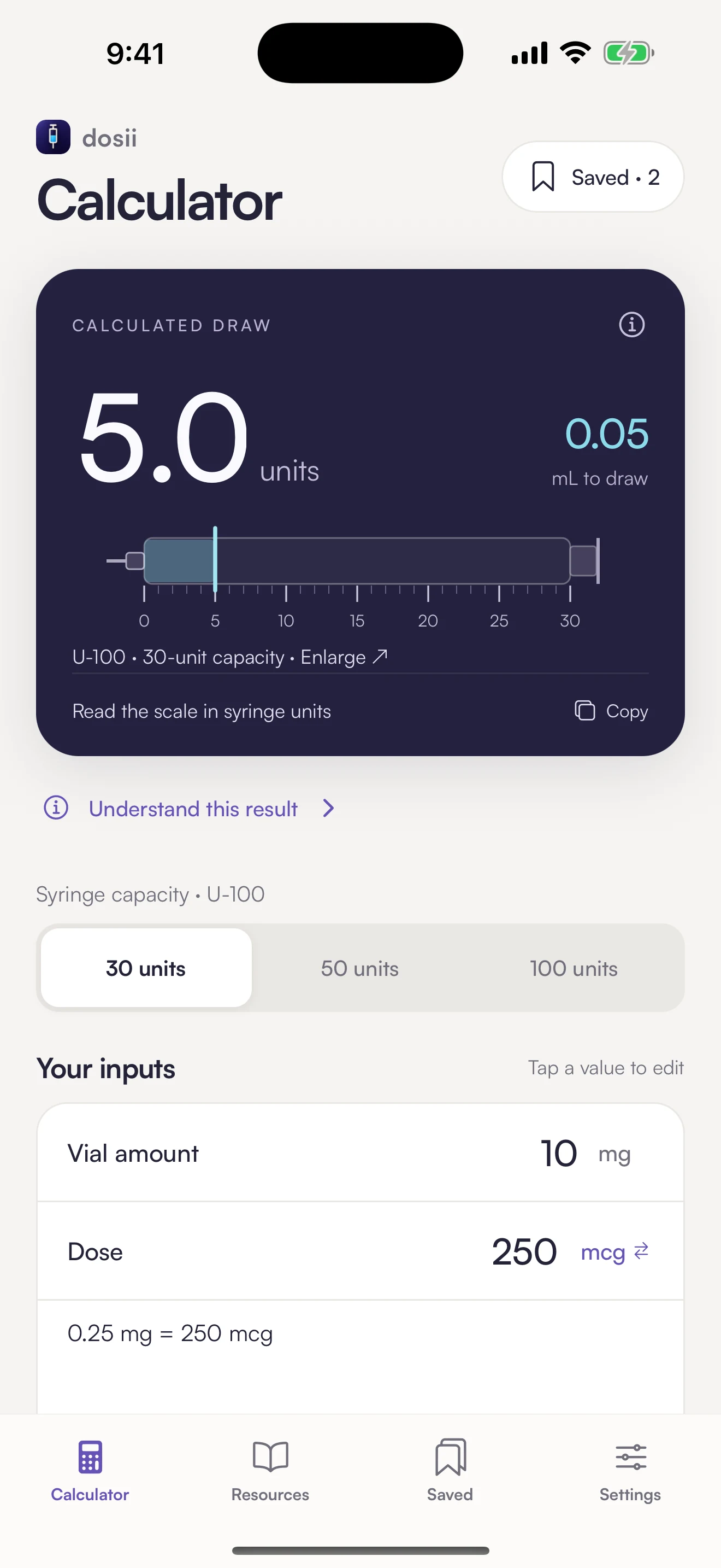 Dosii calculator showing an entered calculation in syringe units and mL