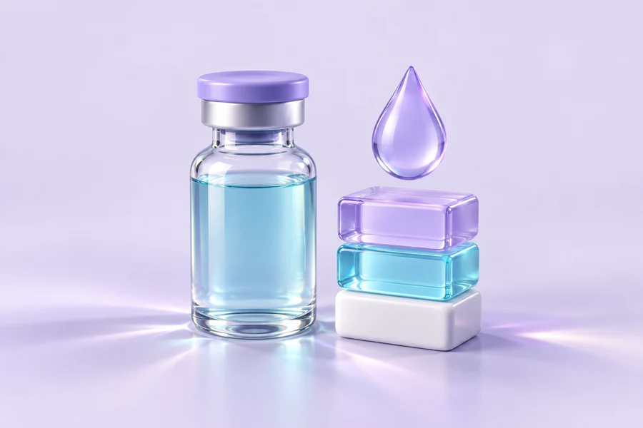 Illustration of a vial, water droplet and measurement containers